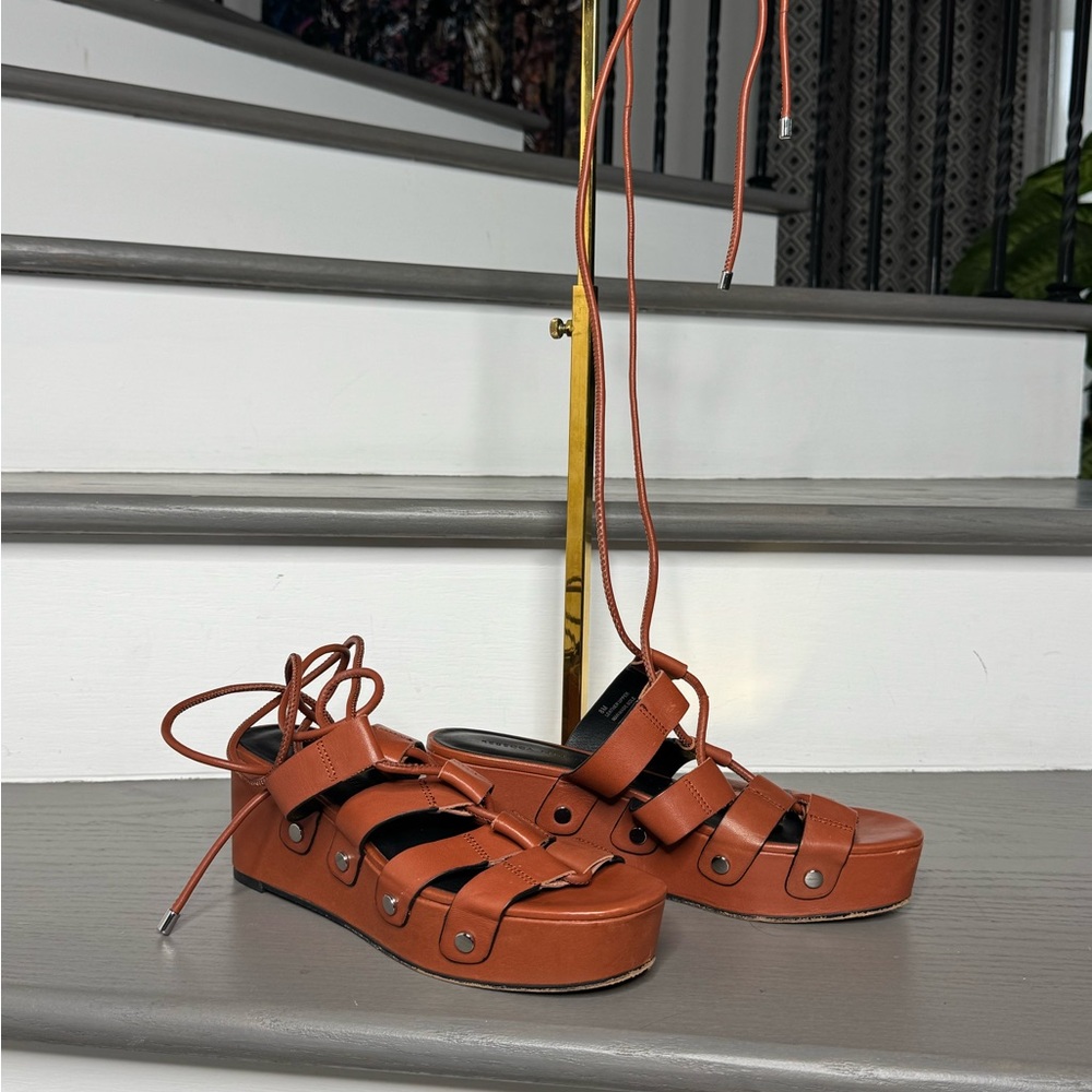 Rebecca Minkoff Real Leather Brown Strappy Platform Sandals 38